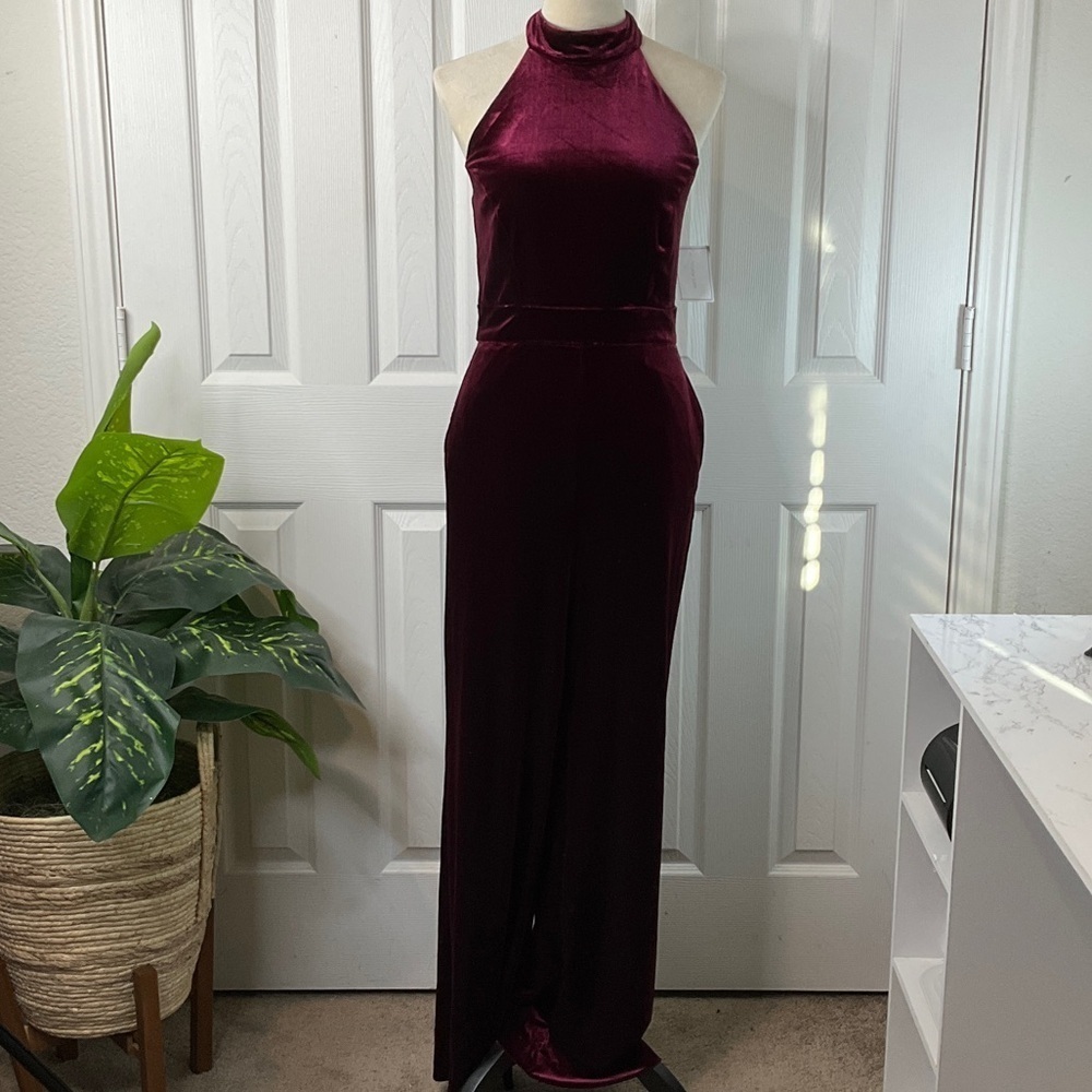 1.STATE Women's Mock Neck Halter Tie-Neck Velvet Jumpsuit Size S - Picture 2 of 13